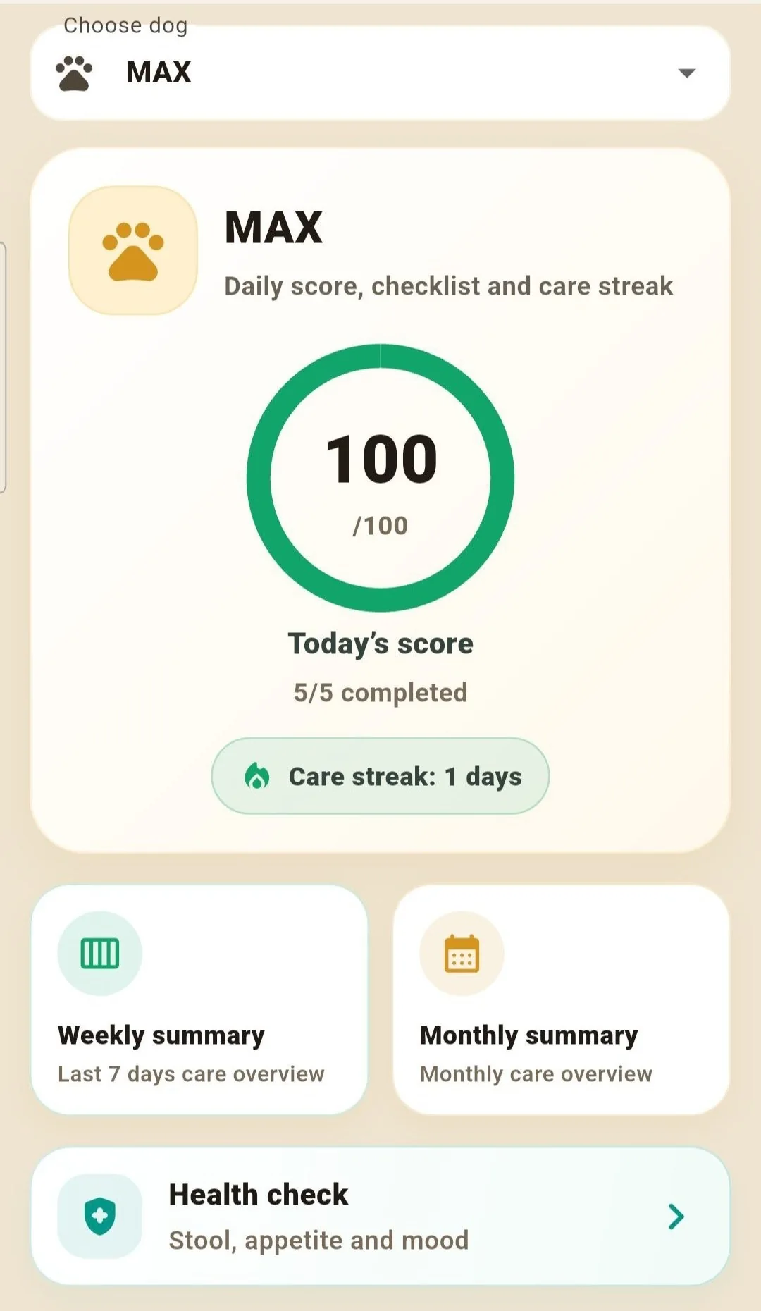 DogCare daily care screen