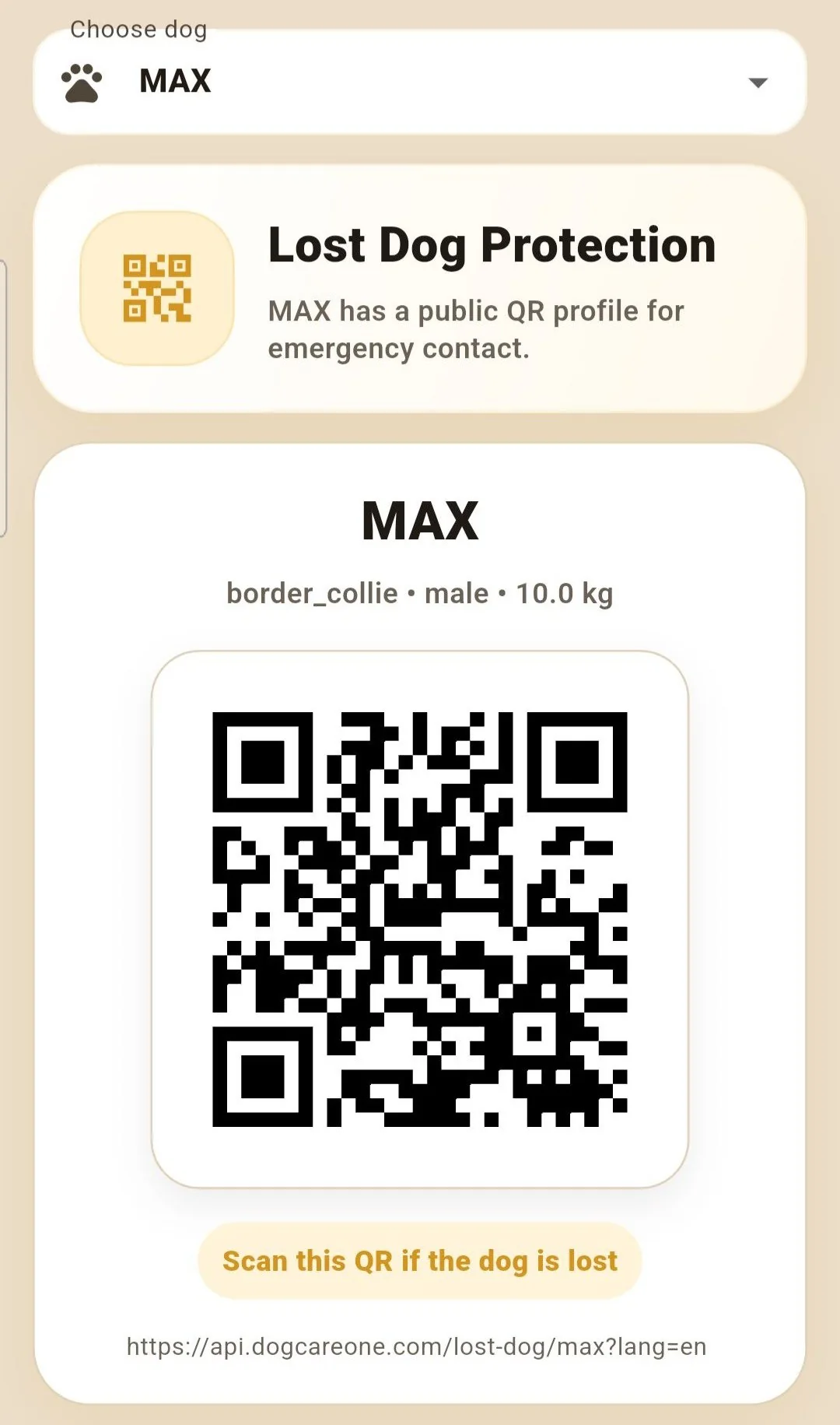 DogCare Lost Dog QR screen